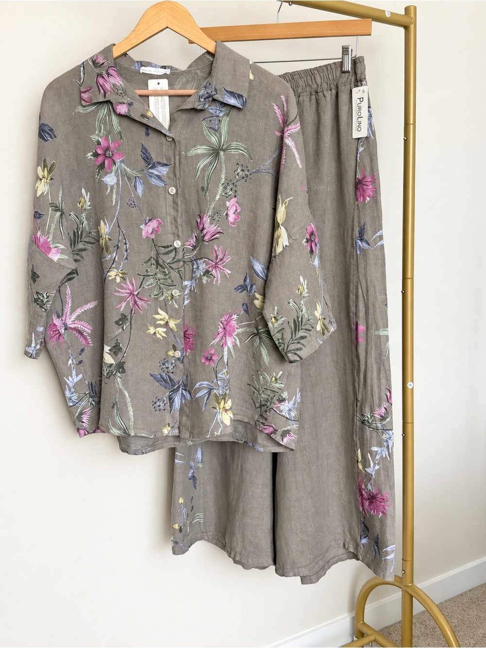 IT033 🇮🇹 Made in Italy 100% Linen Floral Shirt & Wide Leg Pants Set
